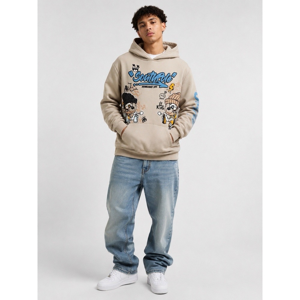 SouthPole Graphic Bear Hoodie Sweatshirt Men's M? Streetwear Graffiti Beige